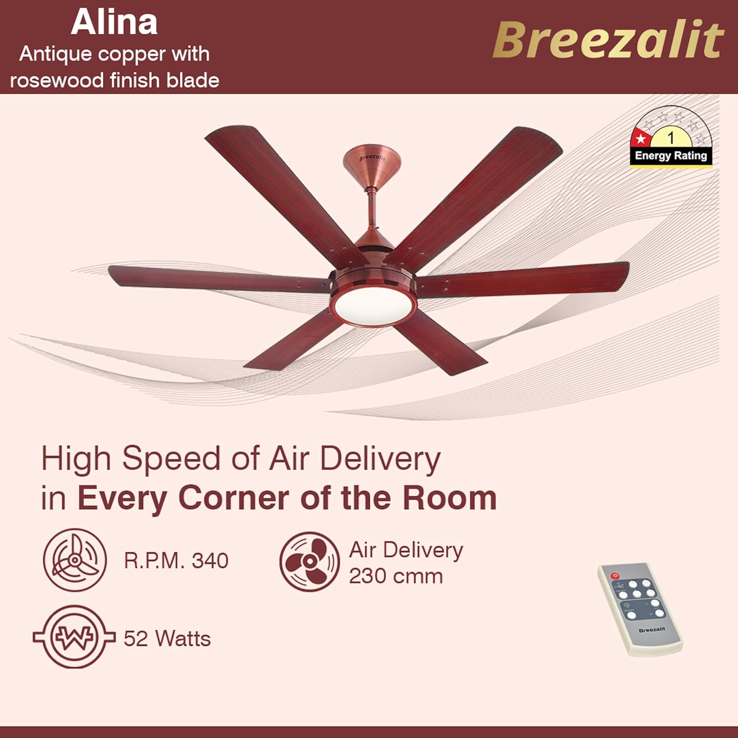Breezalit Alina 6 Blades 48″ Ceiling Fan - Rosewood (BZ-117)