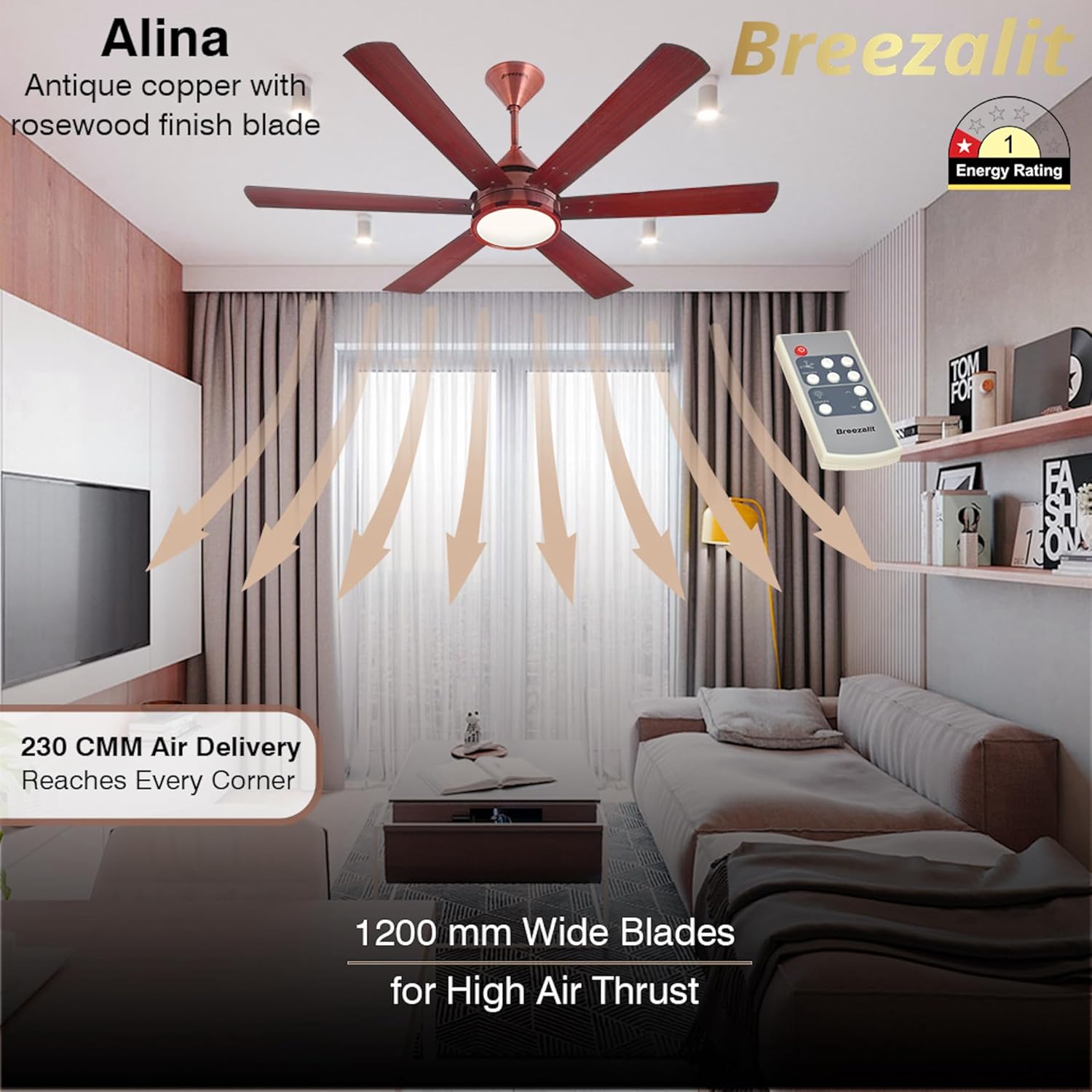 Breezalit Alina 6 Blades 48″ Ceiling Fan - Rosewood (BZ-117)