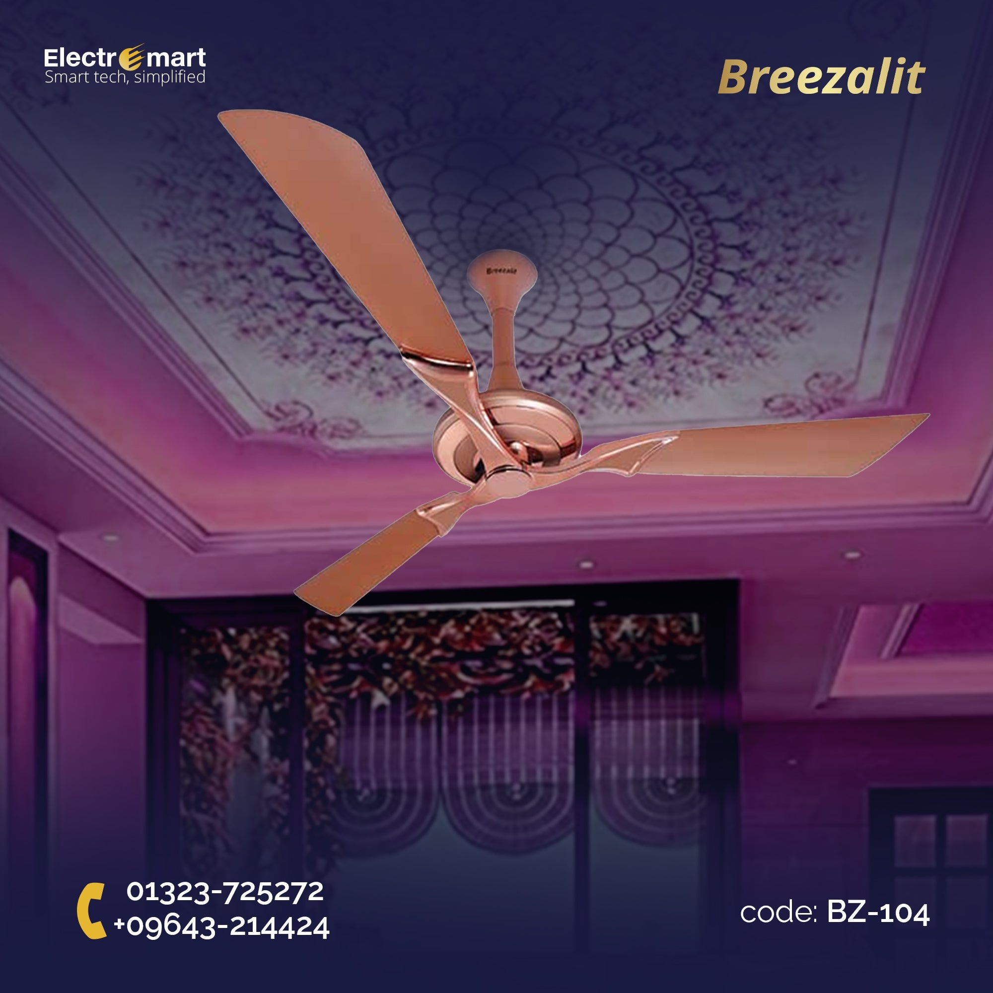 Breezalit Stella 3 blade 52″ Ceiling Fans - Rose Gold (BZ-104)