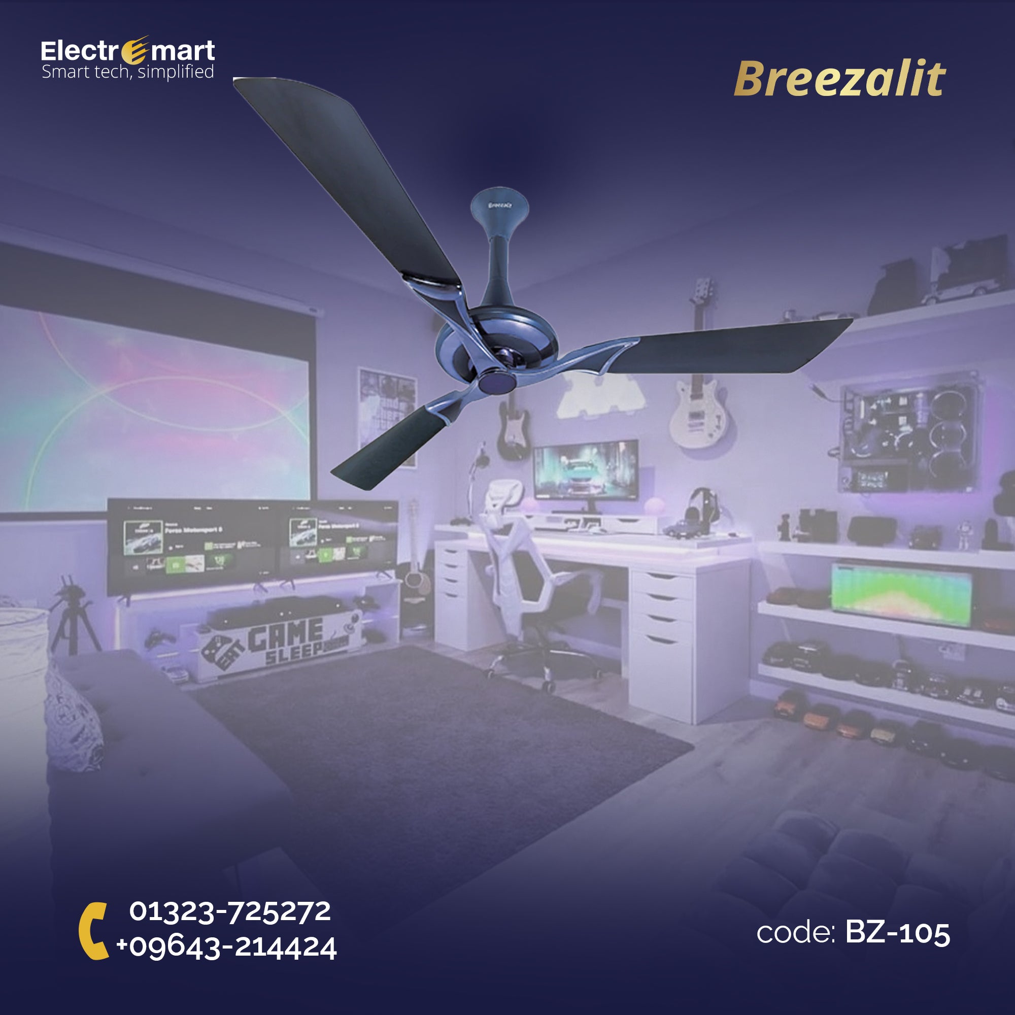 Breezalit Stella 3 blade 52″ Ceiling Fans - Titanium Blue (BZ-105)