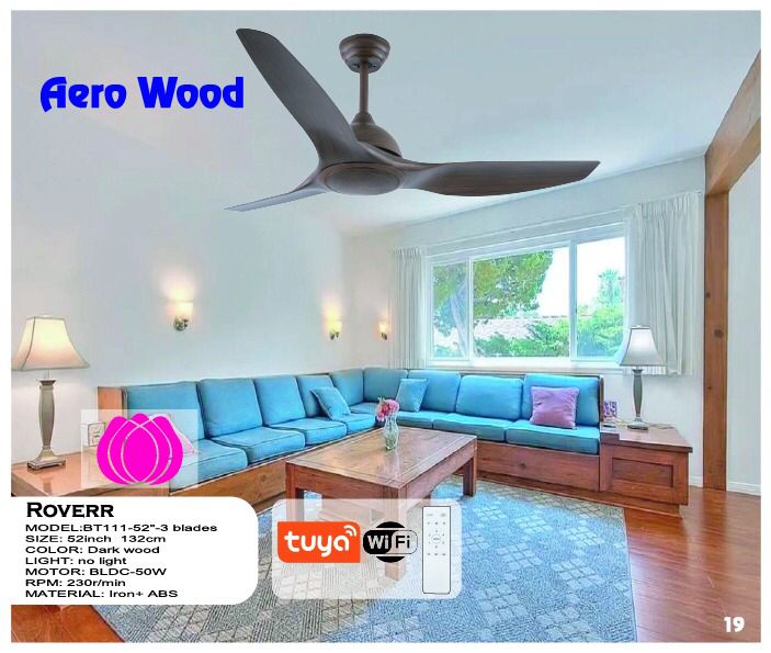 Aero Wood Roverr 52" Smart Ceiling Fan (Dark Wood, 3 Blades) – Tuya WiFi BLDC Motor Premium Wooden Ceiling Fan