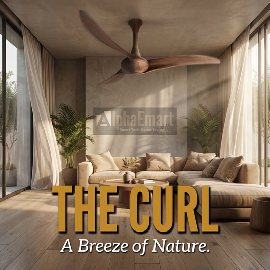 Alpha Breezalit Curl 53 inch walnut 3-blade ceiling fan in modern living room – a breeze of nature