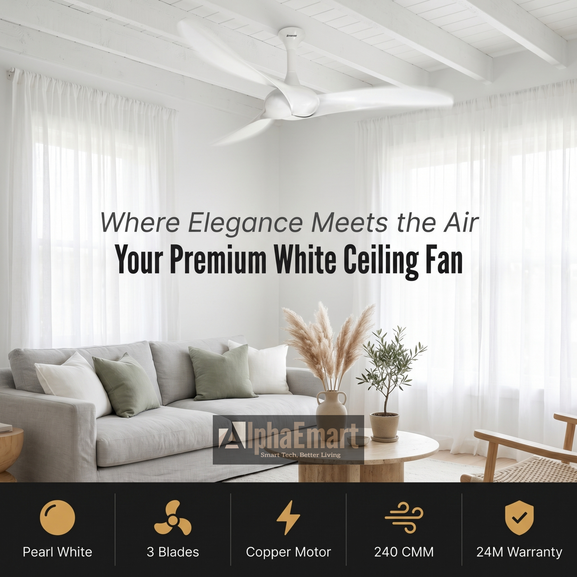 Alpha Breezalit Curl pearl white 3-blade ceiling fan – elegant white finish 240 CMM airflow