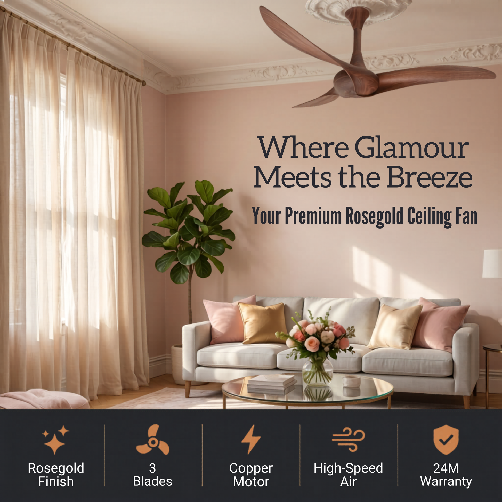 Alpha Breezalit Curl rose gold 3-blade ceiling fan – premium rosegold finish with copper motor