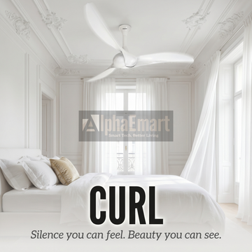 Alpha Breezalit Curl white ceiling fan installed in luxurious white bedroom – silence you can feel