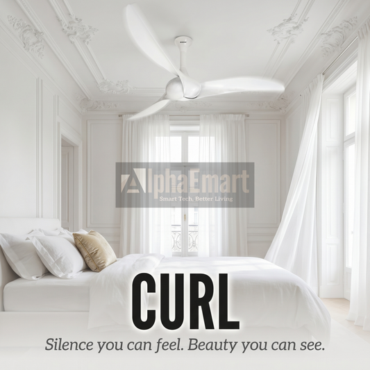 Alpha Breezalit Curl white ceiling fan installed in luxurious white bedroom – silence you can feel