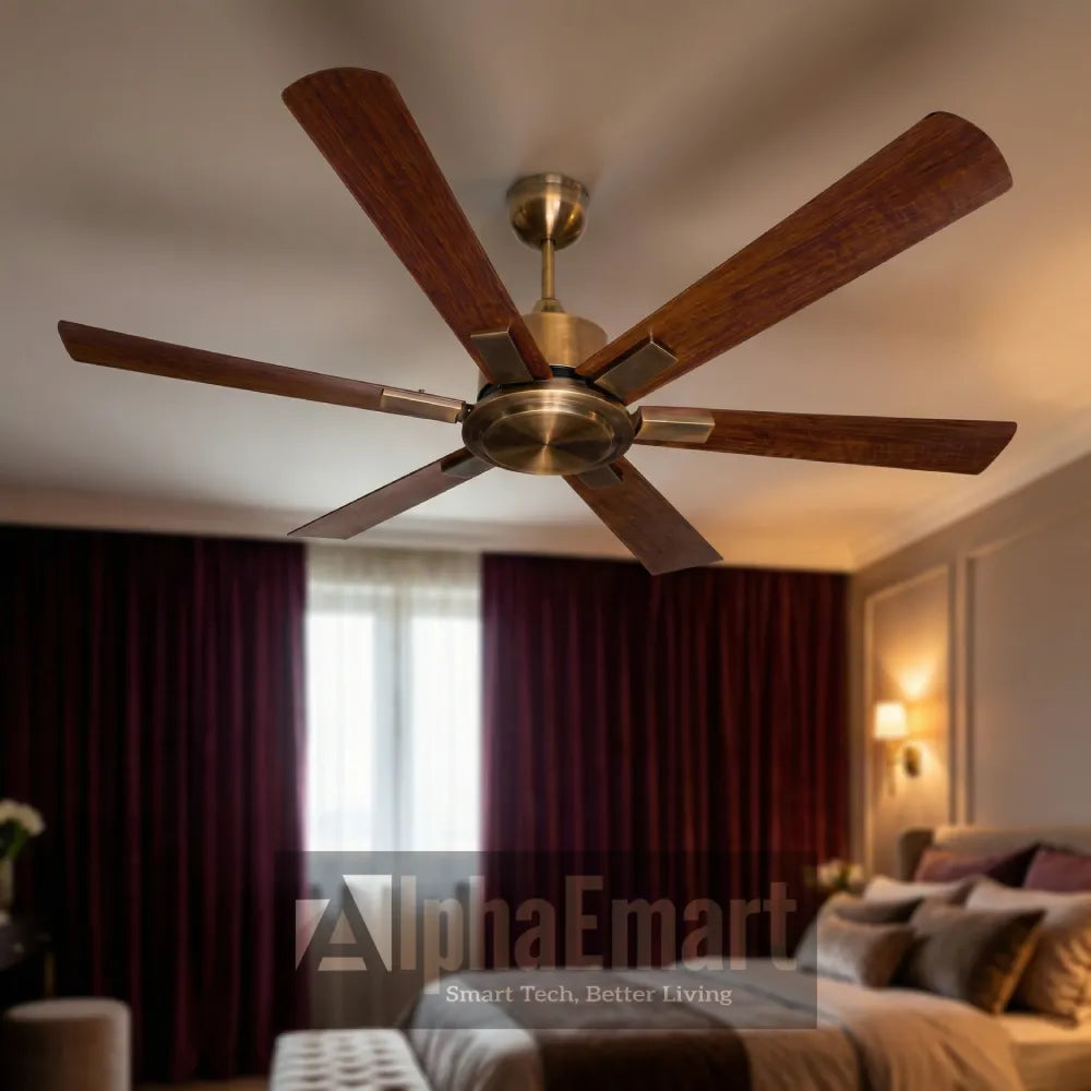 Alpha Breezalit Imperia 6-blade ceiling fan installed in bedroom with burgundy curtains
