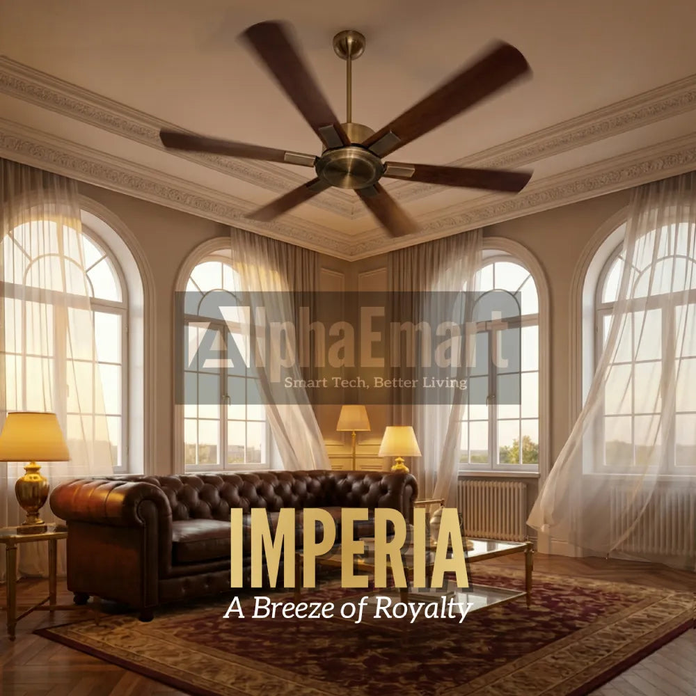 Alpha Breezalit Imperia 48 inch 6-blade ceiling fan with antique brass finish in classic living room