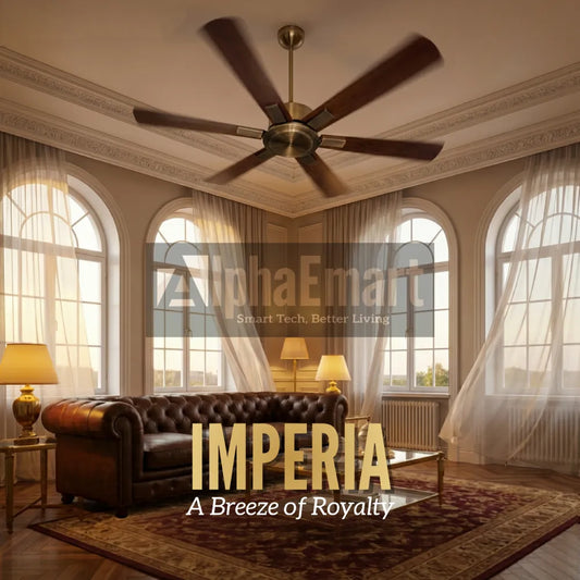Alpha Breezalit Imperia 48 inch 6-blade ceiling fan with antique brass finish in classic living room