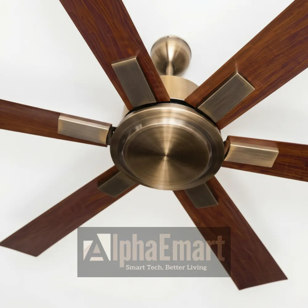 Alpha Breezalit Imperia close-up of 6 aerodynamic walnut blades with antique brass motor housing