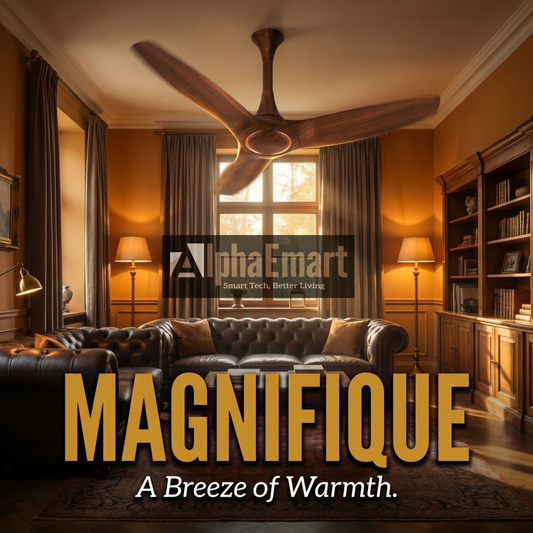 Alpha Breezalit Magnifique 50 inch espresso ceiling fan in classic library living room – a breeze of warmth