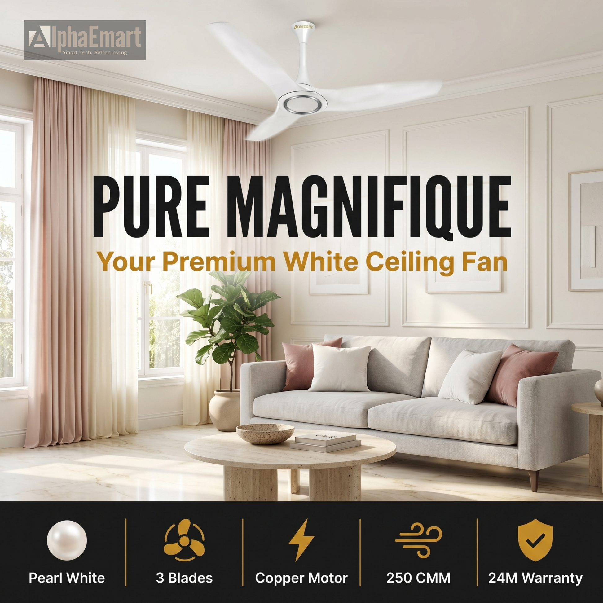 Alpha Breezalit Magnifique pure white 3-blade ceiling fan in living room – 250 CMM copper motor