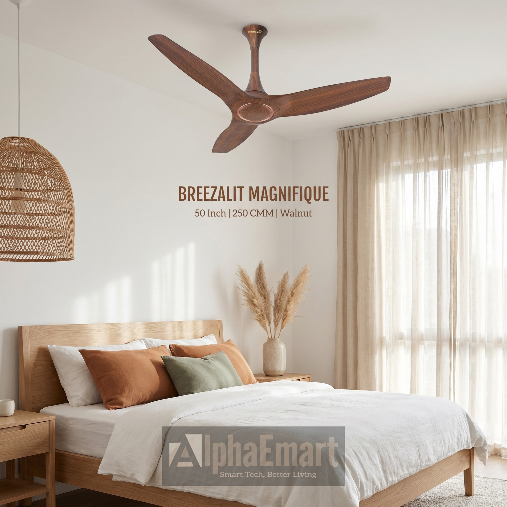 Alpha Breezalit Magnifique 50 inch walnut ceiling fan installed in cozy natural bedroom