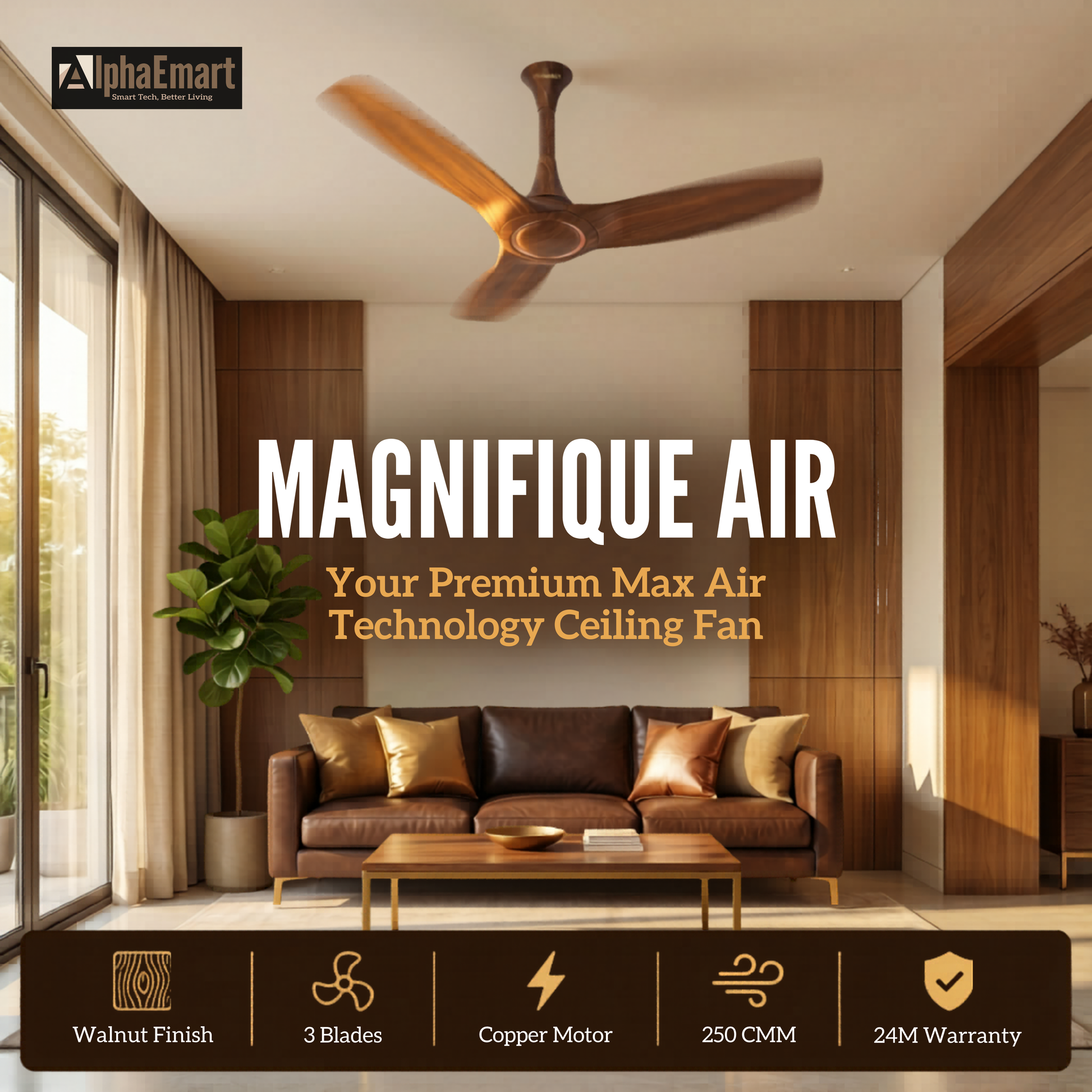 Alpha Breezalit Magnifique walnut 3-blade ceiling fan – premium max air technology 250 CMM airflow