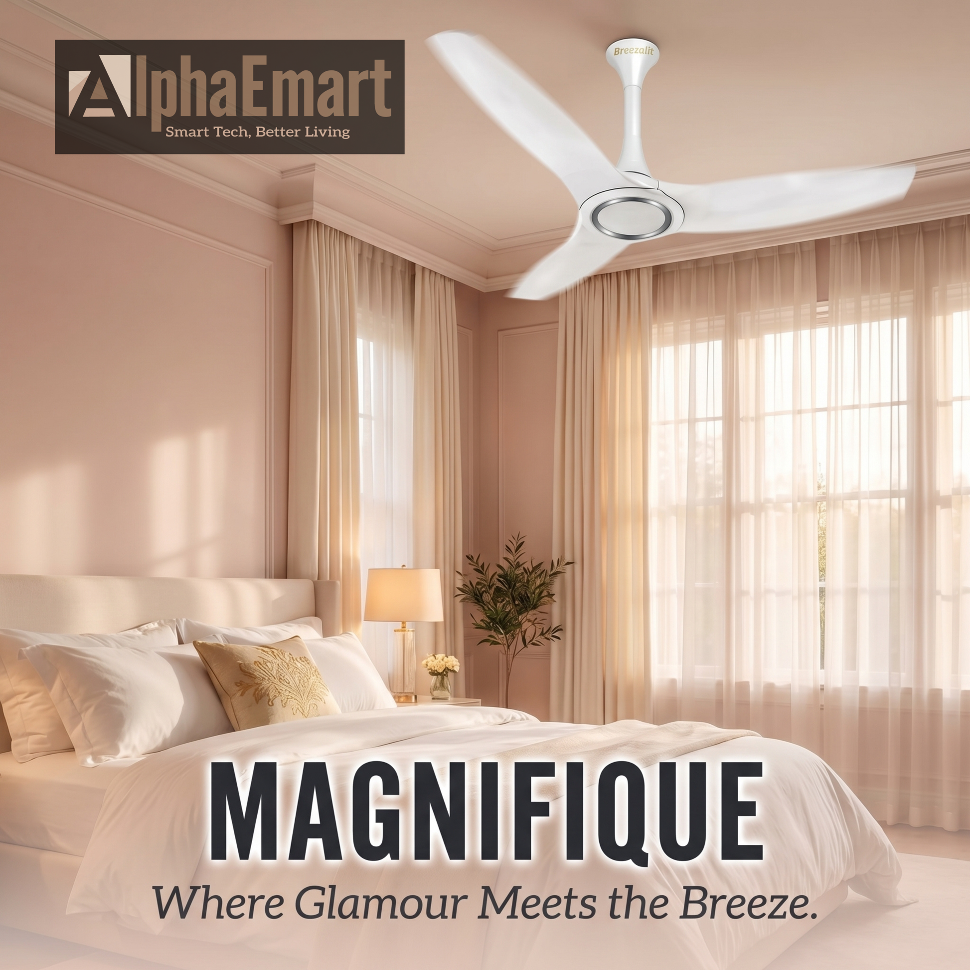 Alpha Breezalit Magnifique white ceiling fan in elegant bedroom – where glamour meets the breeze