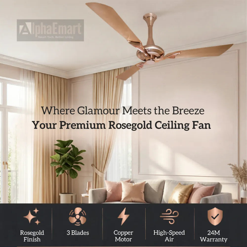 Alpha Breezalit Stella rose gold ceiling fan in elegant living room with sofa and curtains