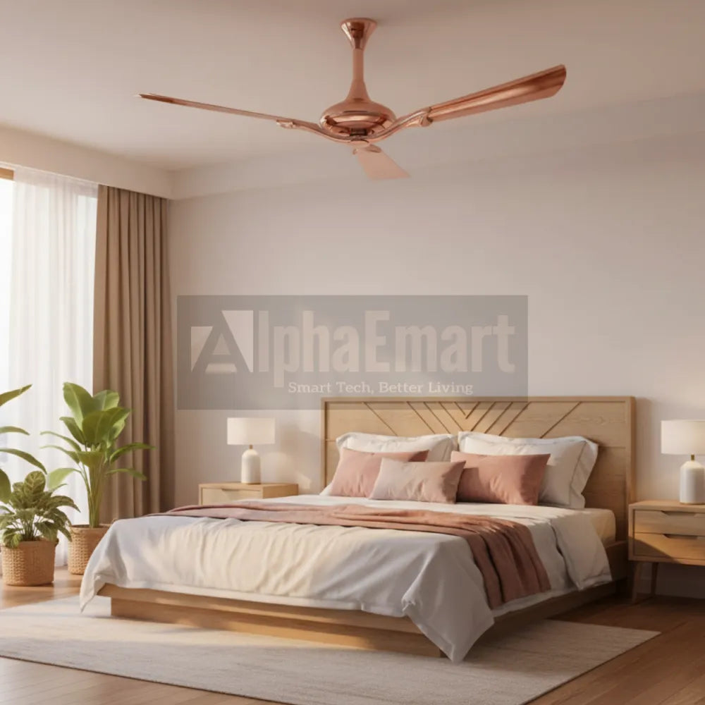 Alpha Breezalit Stella rose gold ceiling fan installed in warm modern bedroom with plants