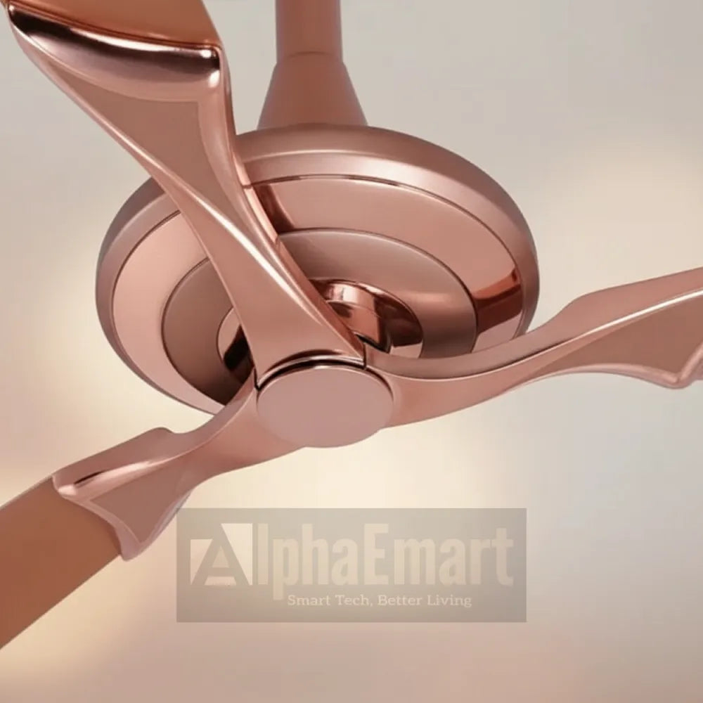 Alpha Breezalit Stella rose gold ceiling fan close-up of curved blade design and motor hub