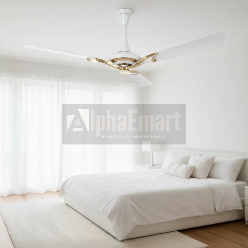 Alpha Breezalit Stella white and gold ceiling fan in bright minimalist bedroom