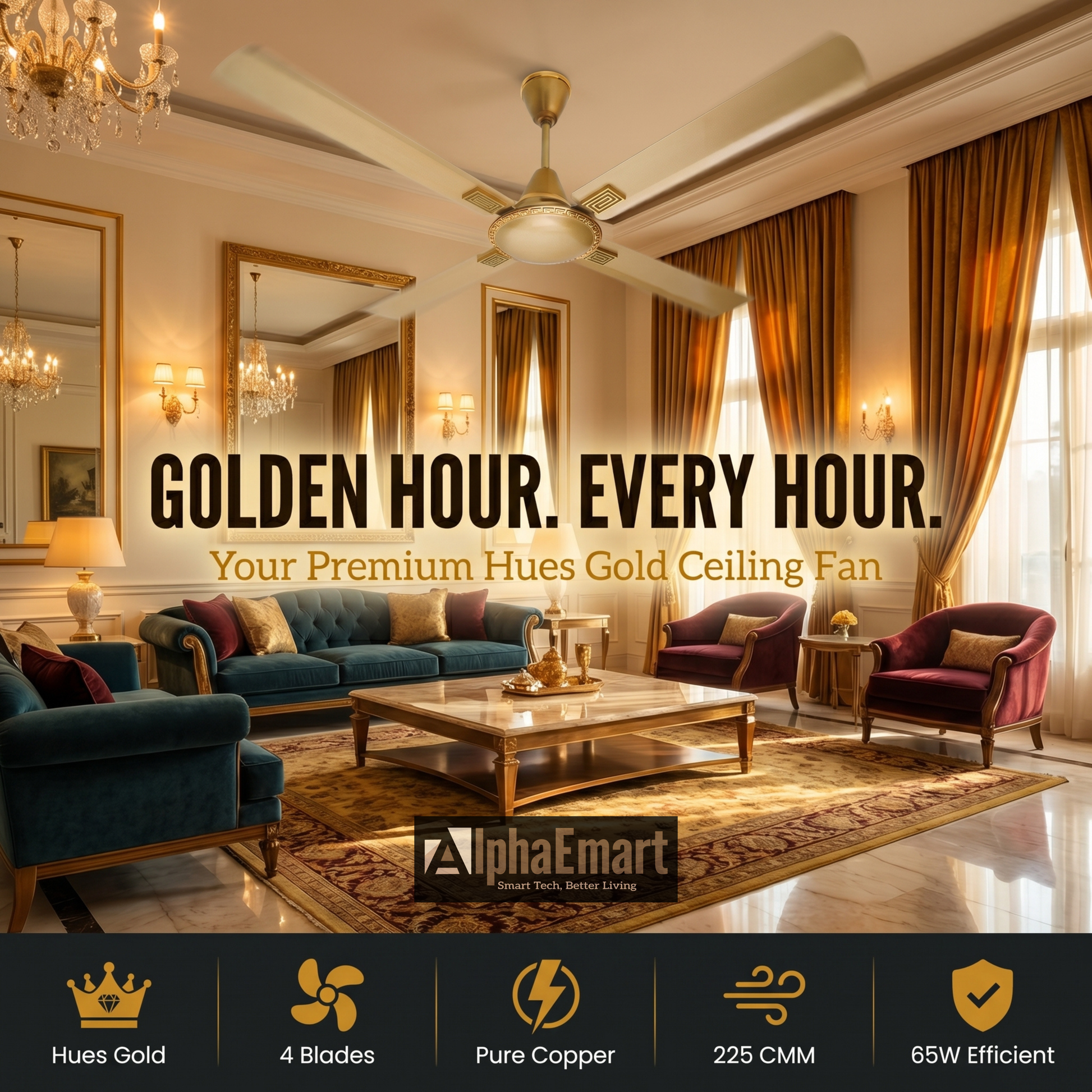 ALPHA Cleo 4-blade Hues Gold ceiling fan in luxurious golden living room – golden hour every hour