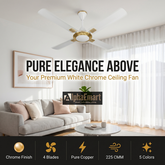ALPHA Cleo 4-blade White Gold ceiling fan – pure elegance above, 65W efficient copper motor