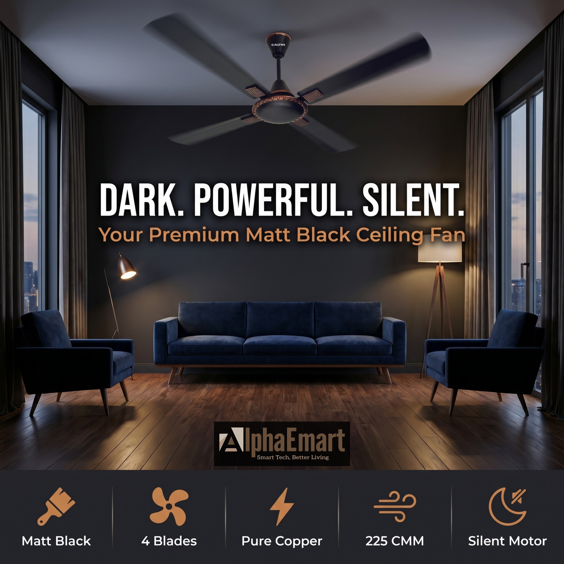 ALPHA Cleo 4-blade Matte Black ceiling fan in luxurious living room.