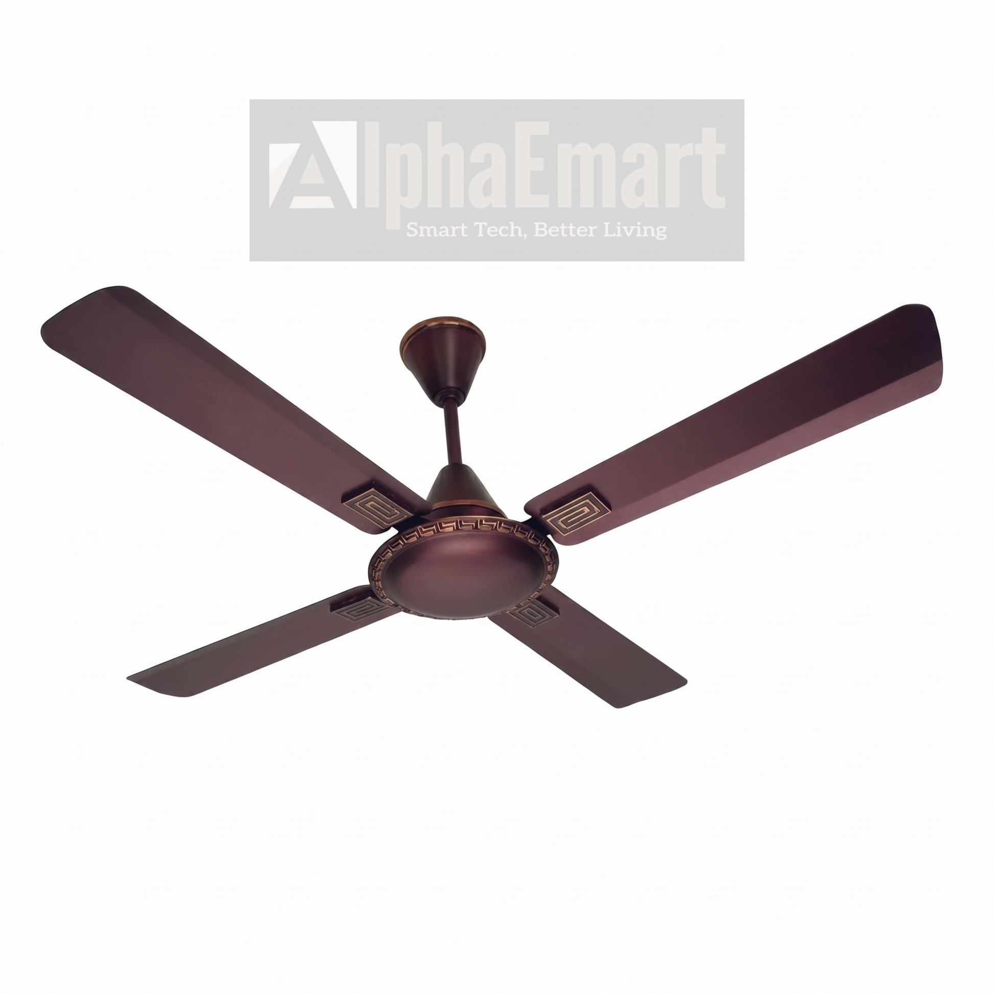 ALPHA Cleo 4-blade Matte Browon ceiling fan on a white background, featuring the AlphaEmart logo.