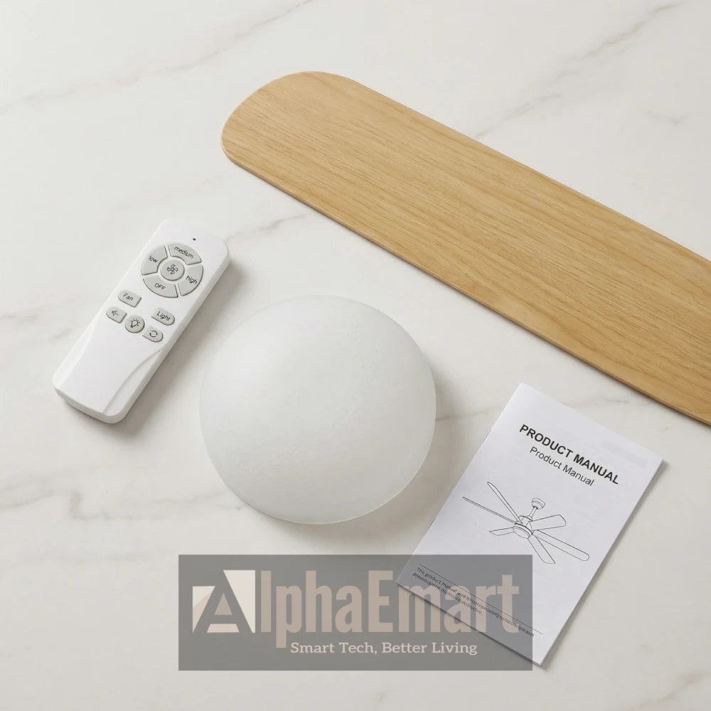 White smart light bulb with remote control and product manual on a marble surface, branded with AlphaEmart.