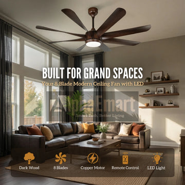 ALPHA KDK 8-blade dark wood ceiling fan with LED light in spacious modern living room – built for grand spaces