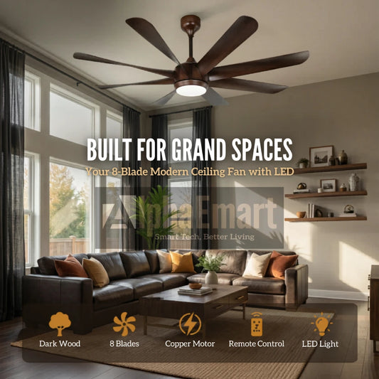 ALPHA KDK 8-blade dark wood ceiling fan with LED light in spacious modern living room – built for grand spaces