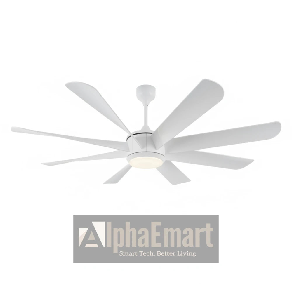 ALPHA KDK 8-blade white ceiling fan with LED light – 62 inch with light on a white background, featuring the AlphaEmart logo.