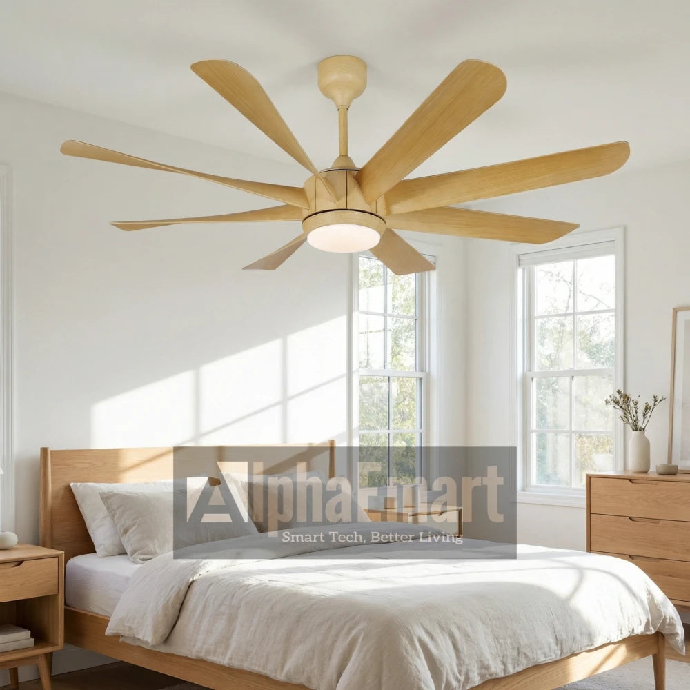 ALPHA KDK 8-blade natural wood ceiling fan with LED light installed in bright bedroom