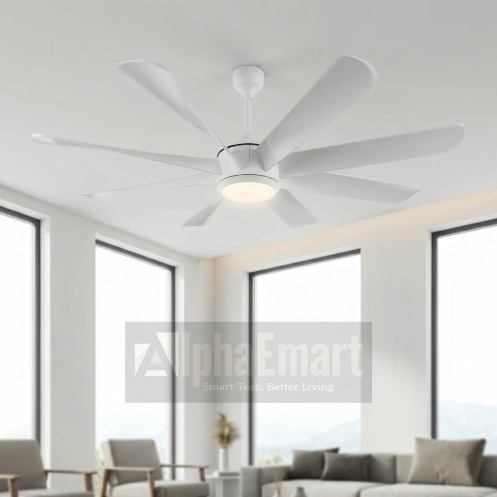 ALPHA KDK 8-blade white ceiling fan with LED light in modern living room with large windows