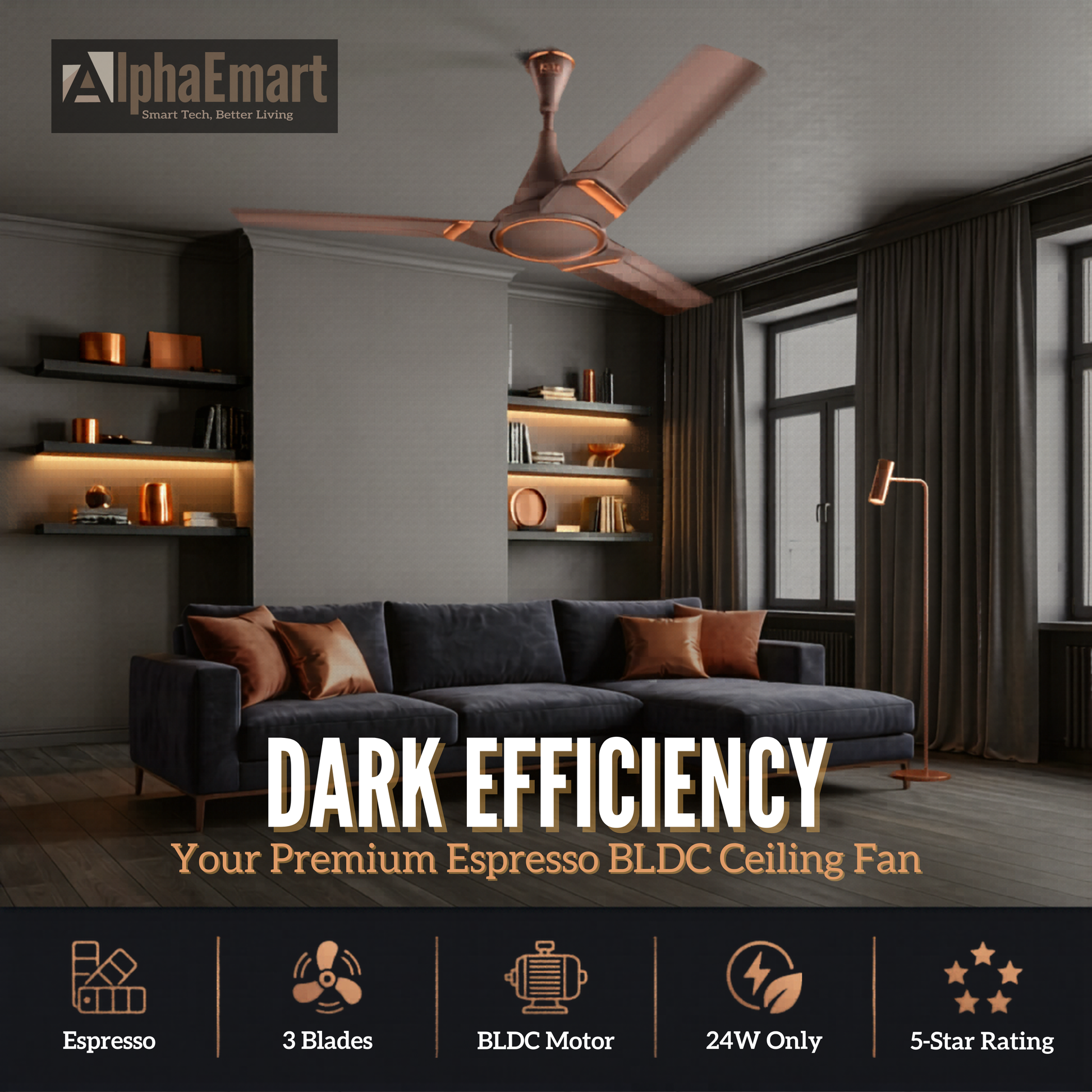 Modern living room with a Alpha Kuhl BLDC 56 inch Espresso ceiling fan labeled 'AlphaEmart' and 'Dark Efficiency'.