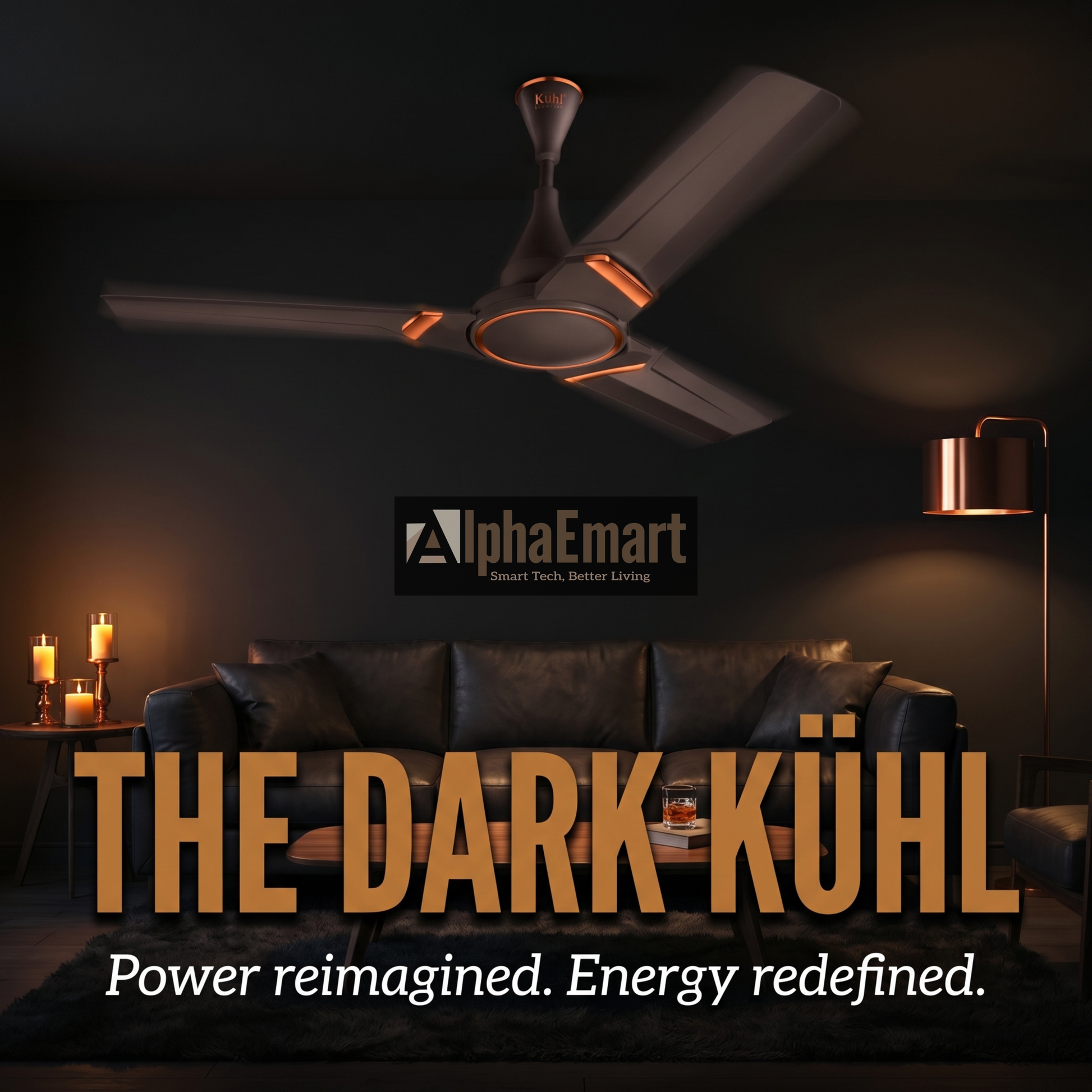Alpha Kuhl BLDC Espresso Color ceiling fan in a dimly lit room with 'AlphaEmart' branding and text 'The Dark Kuhl'.