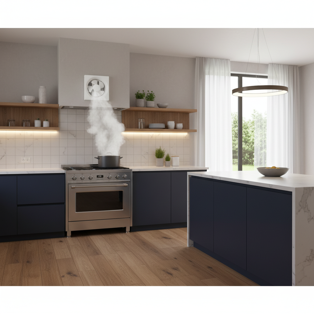 Alpha Metal Exhaust Fan installed in modern dark kitchen with stainless steel appliances