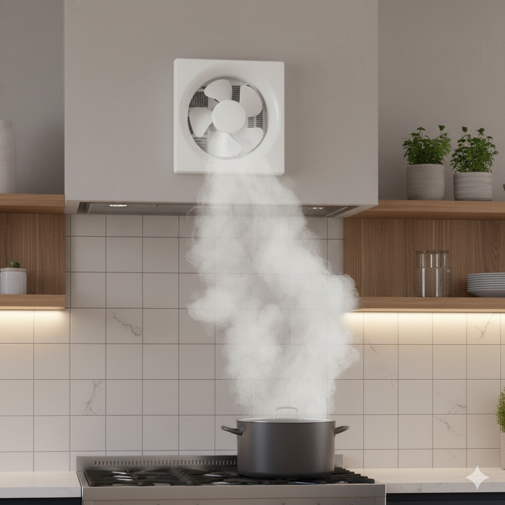 Alpha Metal Exhaust Fan installed in kitchen removing steam and odors from cooking